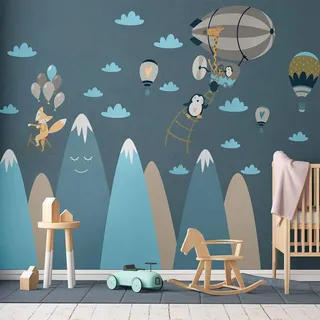 Wandaufkleber, selbstklebend, für Kinder, Riesen-Dekoration, skandinavische Berge für Kinderzimmer, Baby/Tiere auf Reisen, 65 x 120 cm