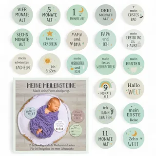 MIJOMA Baby Meilensteinkarten rund 15tlg 30 Motive doppelseitig bedruckt 10cm 1200gsm Fotokarten für Neugeborene Babys Erinnerungen