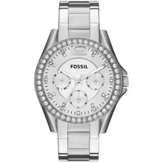 Multifunktionsuhr FOSSIL "RILEY", silber (silberfarben), Armbanduhren, Damen, Multifunktionsuhr, Quarzuhr, Armbanduhr, Damenuhr, Datum, Edelstahlarmband, Glassteine