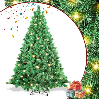 TolleTour LED 210CM Künstlicher Weihnachtsbaum Tannenbaum Grün PVC Nadeln Dekobaum für Weihnachten-Dekoration mit Lichterkette, mit 1200 Spitzen - Grün