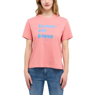 T-Shirt MUSTANG "Style Alma", Damen, Gr. L, rot (peach blossom), Jersey, Obermaterial: 100% Baumwolle, bedruckt, unifarben, gerade hüftbedeckend, Rundhals, Shirts T-Shirt, mit Statement-Print