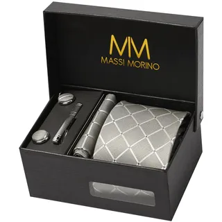 Massi Morino Krawatte "Massi Morino Krawatten-Set" mit Einstecktuch, Manschettenknöpfen und Krawattenklammer, grau