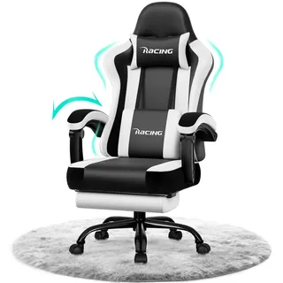 Portreen Gaming Stuhl,Bürostuhl, gamingsessel,bürostuhl ergonomisch mit Kopfstütze Lumenkissen, gepolstert, Fußstütze gamingstuhl, 150 kg gamer stuhl - Weiß