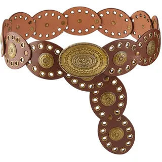 DICOSMETIC 1M Damen Boho Disc Gürtel Breiter Western Ledergürtel Vintage Boho Taillengürtel 6cm Breite Cowgirl Gürtel Tan Disc Punk Gürtel Für Musikfestival Röcke Hosen Kleid