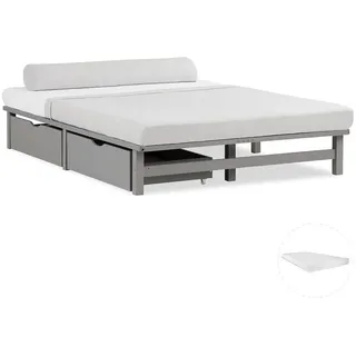Homestyle4u Holzbett Jugendbett Palettenbett 140x200 mit Matratze 2 Bettkästen Grau - Grau