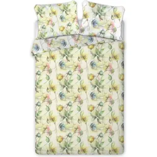 Aquarell Satin Bettwäsche 100% Baumwolle 3tlg Set 135 - 140x200 cm 2X Kissenbezug Gelbe Blumen - Bunt, Gelb