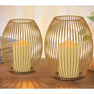 GoMaihe Kerzenständer 2er Set, Deko Wohnzimmer Schlafzimmer Badezimmer Windlicht Kerzenhalter für Stumpenkerzen Vintage Tischdeko Weihnachten Hochzeit Geschenk, Metall Öffnen und Schließen, Gold