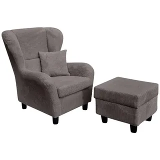 luma-home Ohrensessel mit Hocker, hoher Sitzkomfort durch Wellenunterfederung B90/H98/T76 cm, Cord Grau / 18019 , Textil , Füllung: Polyurethan (Pur) , einzeln stellbar,Quadratisch , 90x98x76 cm , Wohnzimmer, Sessel, Ohrensessel