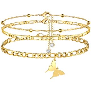 Jbniuay Fußkettchen Gold Damen Fußkette Set – Schmetterling Sommer Barfuß Strand Fusskette Fußschmuck Set Edelstahl Verstellbare für Frauen Mädchen