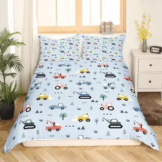 Cartoon Traktor Bettwäsche Set für Kinder - Hellblau und Baufahrzeuge Design - Hellblau
