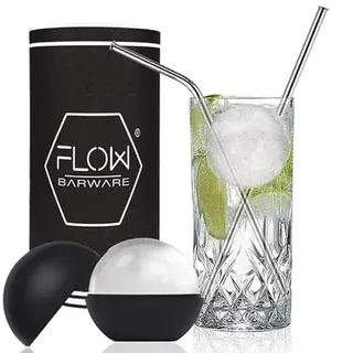 Highball Glasmixer Set mit Mega Eiskugelform & Metallstrohhalmen/Cocktailrührern. Perfekt für Gin & Tonic, Wodka & Cola & Cocktails