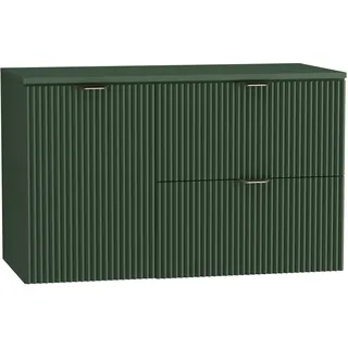 WENA Waschtischunterschrank 100 cm mit Wäschekorb, geriffelte Fronten, Griffe aus Metall in der Farbe Gold (Farbe: Salbei) - Grün