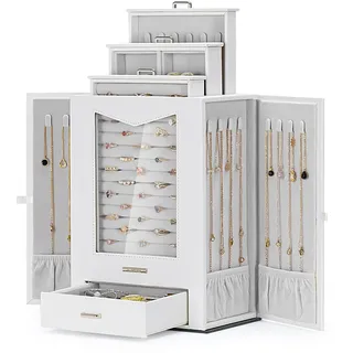Homde Schmuckkästchen mit echtem Glasfenster Halsketten Haken Schmuckkasten Schmuckschrank für Halsketten Ringe Ohrringe Armbänder, Geschenk für Frauen, Weiß