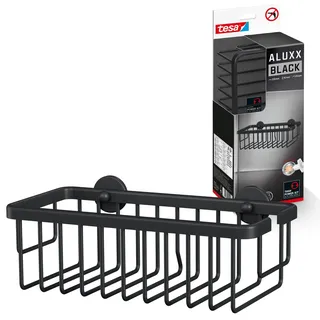 tesa ALUXX BLACK Duschablage zur Wandmontage ohne Bohren, schwarz matt - einstöckig und extra tief - für Bäder im Industrial Style und moderne Badezimmer - mit Klebelösung - 92 mm x 250 mm x 125 mm