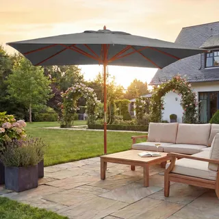 Gastronomie Holz-Sonnenschirm HWC-C57, Gartenschirm, Polyester/Holz 14kg, eckig 3x3m Seilzug stoßsicher anthrazit - Grau