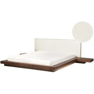 BELIANI LED-Bett Braune Esche Bouclé u. MDF-Platte Holzfurnier Lattenrost 180x200 cm Nachttische Hohes Kopfteil Japanischer Stil Plattform Futonbett - Braun, Weiß
