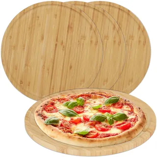 Relaxdays Pizzateller, 4er Set, Bambus, Ø 32 cm, Servierbrett für Pizza, Flammkuchen, Käse, rundes Pizzabrett, natur