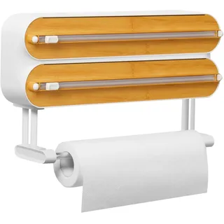 Quasziwa 3-in-1 Frischhaltefolienspender mit Küchenrollenhalter - Platzsparender Wandrollenhalter, magnetisch & ohne Bohren, Folienschneider für Frischhaltefolie & Alufolie - Saubere Schnitte, Natur