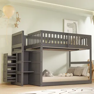 MODFU Etagenbett Kinderbett 140 x 200 mit Matratze,Doppelbett Hochbett mit 4 Schubladen und Hoher Zaun,grau - Grau