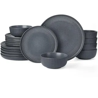 Richmount Starlight Geschirrset, 18-teiliges Teller Set, Geschirrset 6 Personen, Geripptes Strukturiertes Geschirr, Mikrowellen & Spülmaschinenfest, Anti-Kratzer, Reaktive Glasur, Matt Schwarzgrau