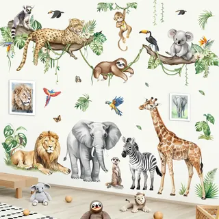 decalmile Wandsticker Dschungel Tiere Baum Zweig XXL Wandtattoo Safari Tiere Elefant Giraffe Leopard Tropische Blätter Wandaufkleber Kinderzimmer Babyzimmer Schlafzimmer Wanddeko