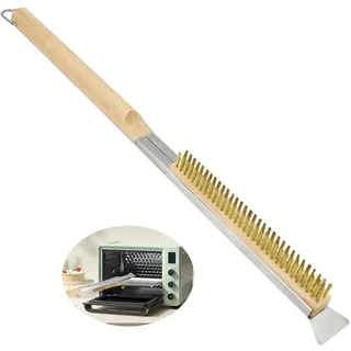 Pizzaofen Bürste mit Stahlschaber, 53 cm Pizzastein Reinigungsbürste, Kratzfeste Messingborsten Grillbürste, Holzgriff Pizza Zubehör, Ofenbürste für Gasgrill Holzkohlegrill Außenöfen Tragbare Öfen