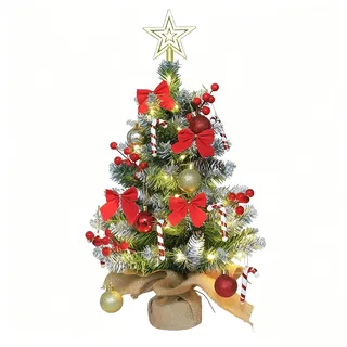 Mini Weihnachtsbaum Künstlich mit LED, 60cm Kleiner Weihnachtsbaum Geschmückt, Tisch Weihnachtsbaum Klein Künstlich Geschmückt, Künstlicher Baum mit Dekorativem für Weihnachten Deko