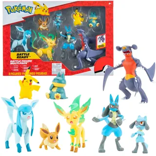 Jazwares Pokemon Figuren Set 8 Pack – 5-11 cm Figur – Garchomp/Pikachu/Eevee/Lucario/Riolu/Munchlax/Glaceon/Leafeon