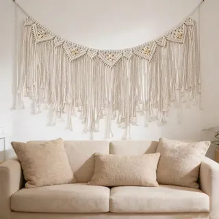 Handgemacht Halbmond Boho Makramee Wandbehang mit langen Quasten & Muschel | Gewebt, Lange Quasten, Rustikale Wanddekoration, Für Schlafzimmer, Babyzimmer, Wohnzimmer
