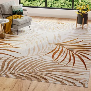 TAPISO Golden Teppich Wohnzimmer Kurzflor Schlafzimmer Luxuriös Creme Gold Beige Blätter Meliert Verwischt Modern Design ÖKOTEX 200 x 300 cm