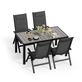 JUMMICO Gartenmöbel Set, 4 stühle Klappbar mit 1 Tisch, 5-Fach Verstellbarer Aluminium Sessel und Einer Tischplatte in Holzoptik, Wetterfestes Terrassenmöbel für Balkon und Garten