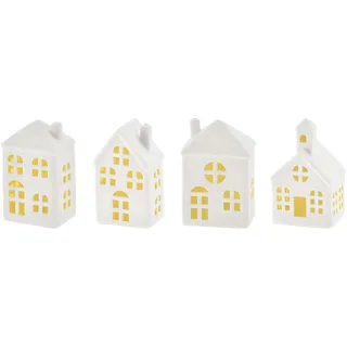 Keramik Deko Haus weiß 11 cm - 4er Set - Weihnachten Advent Tisch LED Aufsteller