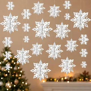 Schneeflocken-Dekoration zum Aufhängen, 12 x Schneeflocken, Girlande und 12 x 3D-Glitzer, große weiße Schneeflocken, für Weihnachten, Winter, Urlaub, Neujahr, Party, Heimdekoration