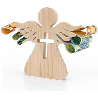 LAMEK Holzengel mit Kreuz Holz Schutzengel Geldgeschenk Mädchen Jungen Engel Holzfiguren Glücksengel Figur Gastgeschenk Geschenk für Firmung Taufe Kommunion Konfirmation