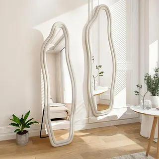 UnboxG Ganzkörperspiegel 140x45cm Standspiegel,Asymmetrischer Gewölbter Bodenspiegel Groß,Wandspiegel aus Flanellumwickeltem Holzrahmen (Weiß),Hängend/Kippend,Halbrunder Spiegel für Schlafzimmer