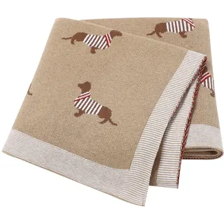 LAWKUL Babydecke 100% Baumwolle Weich Gestrickt Babydecken für Neugeborene Jungen Mädchen Dackel Wursthund 100x80cm Khaki