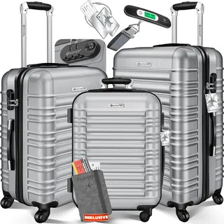KESSER® 3tlg. Hartschalenkofferset Hartschalenkoffer Reisekoffer Set Reisekofferset Trolley Koffer Inkl. Kofferwaage + Gepäckanhänger Rollkoffer Schloss 4 Rollen ABS-Hartschale Teleskopgriff M-L-XL - Silber
