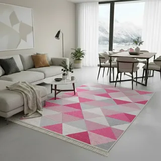Fashion4Home Teppich Läufer - Tepiche für Wohnzimmer, Schlafzimmer, Küche, Kinderzimmer, Badezimmer - Boho Kelim - Läufer Flur, Karo-Hellrosa, Größe: 60x90 cm