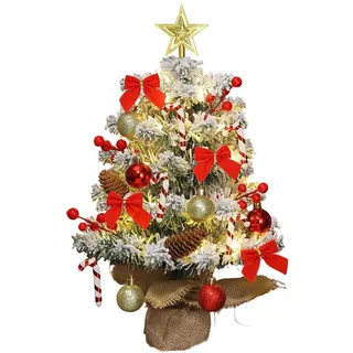 CLIUNT Mini Weihnachtsbaum mit Beleuchtung LED, 45cm Kleiner Weihnachtsbaum Tisch, Mini Tannenbaum mit Kunstschnee und Ornamenten, DIY Tannenbaum mit Weihnachtskugeln/Rote Beeren/Baumstern