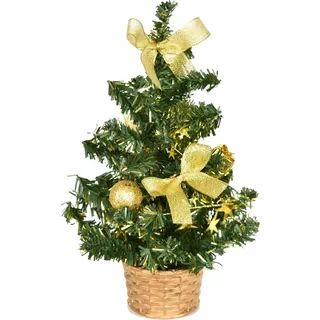 Festlicher Weihnachtsbaum Gold 25 cm, dekoriert mit Kugeln und Schleifen - Gold, Grün