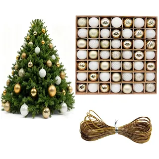 Diyxisk Weihnachtskugeln 49 Stück Christbaumkugeln 3cm Weihnachtskugeln Gold Inklusive 10 m Seil Weihnachtsbaumkugeln, Als Festliche Dekoration für Partys, Einkaufszentren und Büros (Gold/Weiß)