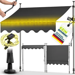 tillvex Klemmmarkise 400 cm Anthrazit mit Solar LED mit Handkurbel Balkon | Balkonmarkise ohne Bohren | Markise UV-beständig & höhenverstellbar | Sonnenschutz wasserdicht - Dunkelgrau