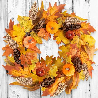 Benjia 45cm Herbstkranz für Haustür, Kranz Herbst Ahornblatt Türkranz Außer mit Samt Kürbisse Tannenzapfen Beere Halloween Kranz für Erntedankfest Tür Fenster Außendekoration