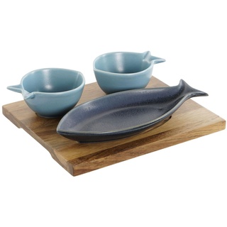 Home ESPRIT Snack-Set, Himmelblau, Porzellan, Akazie, Mediterran, Fisch, 19,5 x 16,5 x 1,3 cm, 4 Stück