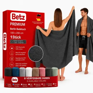 Betz Badetuch XXL 100x200 cm – 1 Stück – Saunatuch & Strandtuch aus 100% Baumwolle, 360 g/m2 – saugstark & weich – großes Handtuch mit Aufhänger – Serie Berlin – Farbe Graphit