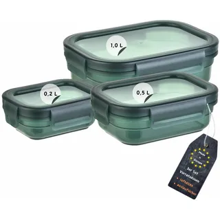 Engelland - 3er Set Aufbewahrungsdosen mit Deckel, luftdicht, auslaufsicher, stapelbar, Vorratsdose, BPA-frei, Kunststoff, verschiedene Größen, 0,2 L / 0,5 L / 1,0 L, transparent-moosgrün