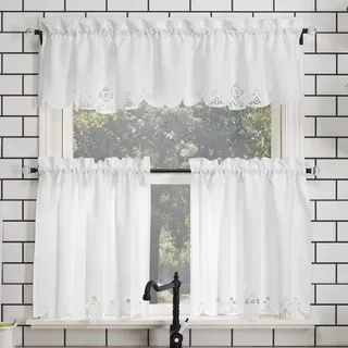 No. 918 Mariela Volant- und Etagen-Set, halbtransparent, mit Blumenbesatz, 147,3 x 91,4 cm, Weiß