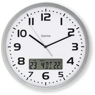 Hama Funkwanduhr Moorea (DCF Funkuhr, Digitale Anzeige von Datum u. Temperatur, Zeitzone einstellbar, Ø 30cm, großes Ziffernblatt, analoge Wanduhr, Sekundenzeiger, 7 Sprachen, inkl. Batterie) Silber