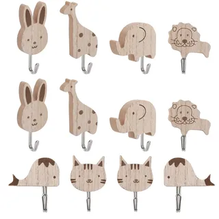 12 Stück Süße Tier Kindergarderobe Haken, Selbstklebende Holz Kleiderhaken Kinder,Garderobenhaken Kinder,Kaninchen,Giraffe,Elefant,Löwe,Wal, Katze Cartoon Wandhaken für Schlafzimmer Kinderzimmer Küche
