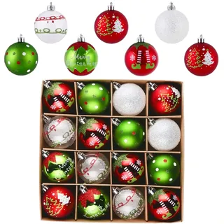 Victor's Workshop 16 Stück Weihnachtskugeln für Weihnachtsdeko, 6cm Christbaumkugeln Weihnachtskugel mit Geschenkpaket, Weihnachtsbaumschmuck Christbaumschmuck mit Aufhänger,Thema Rot Grün Weiß